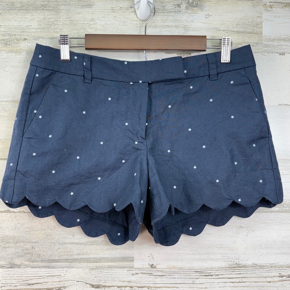 J.Crew Navy Blue Star Print Scalloped Hem Linen Cotton Shorts Size 8 Y2K